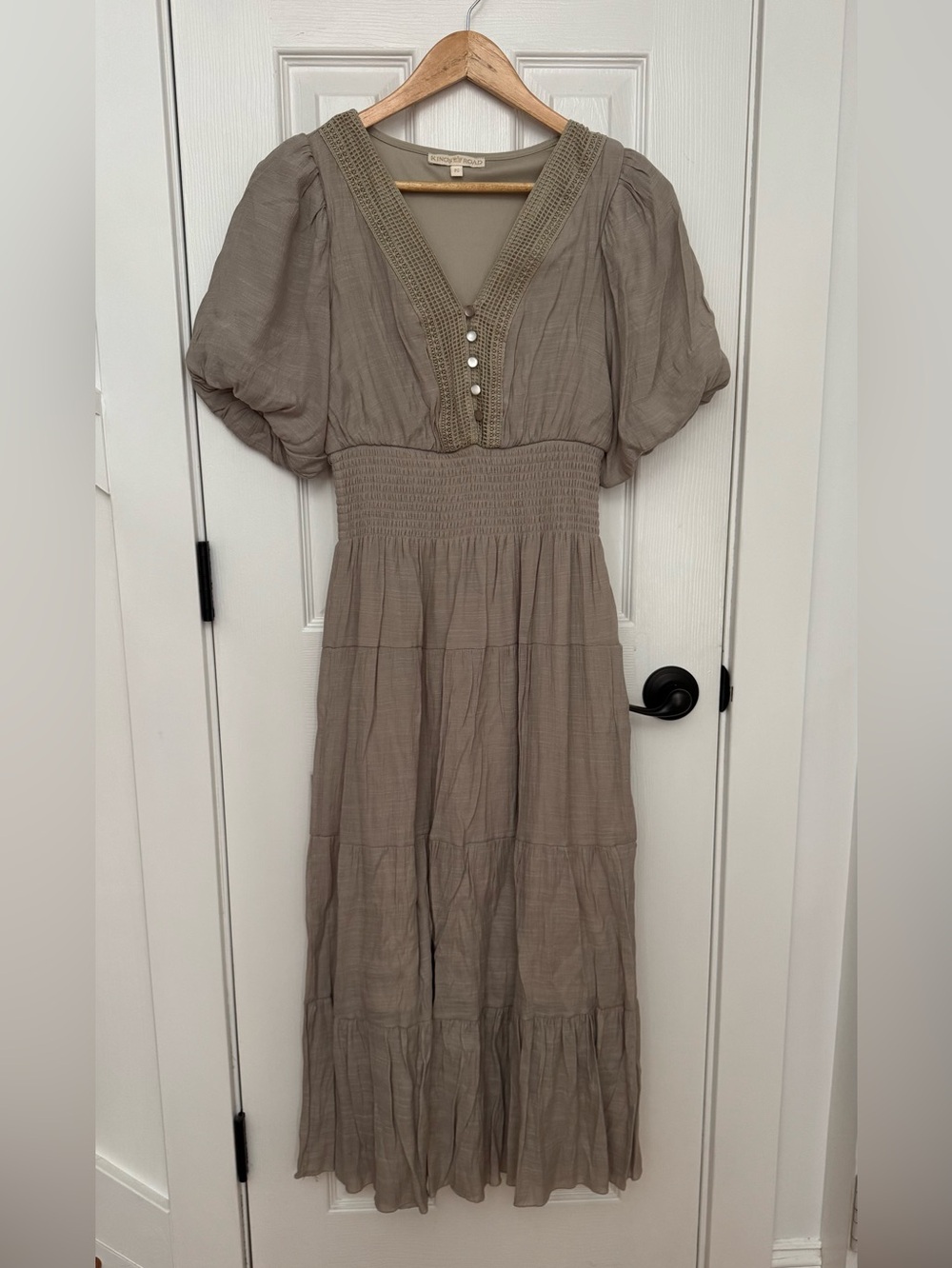 Smocked Waist Taupe Maxi Dress with V-Neck and Puff Sleeves